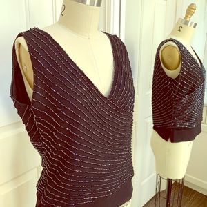 Jkara beaded v-neck dressy black top size M